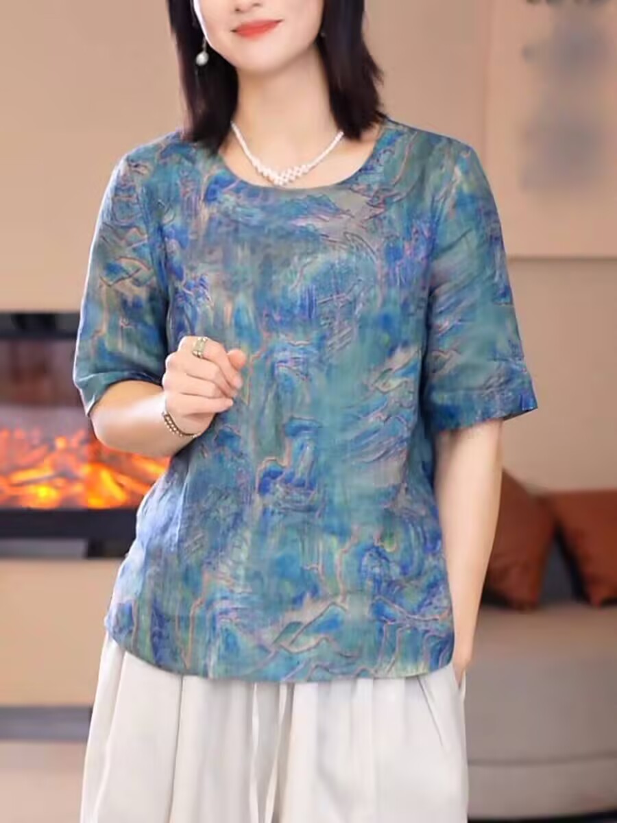 2026 년 여름 새로운 빅 사이즈 여성 의류 지방 mm 패션 프린트 라운드 넥 반팔 티셔츠 파란색 수 있습니다. 이슬 리 작은 대중