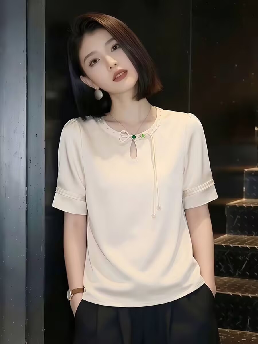 항저우 고급 실크 반팔 티셔츠 여성 여름 2026 새로운 Chic 국풍 슬림해 보이는 품격 뽕나무 누에 실크 맨위