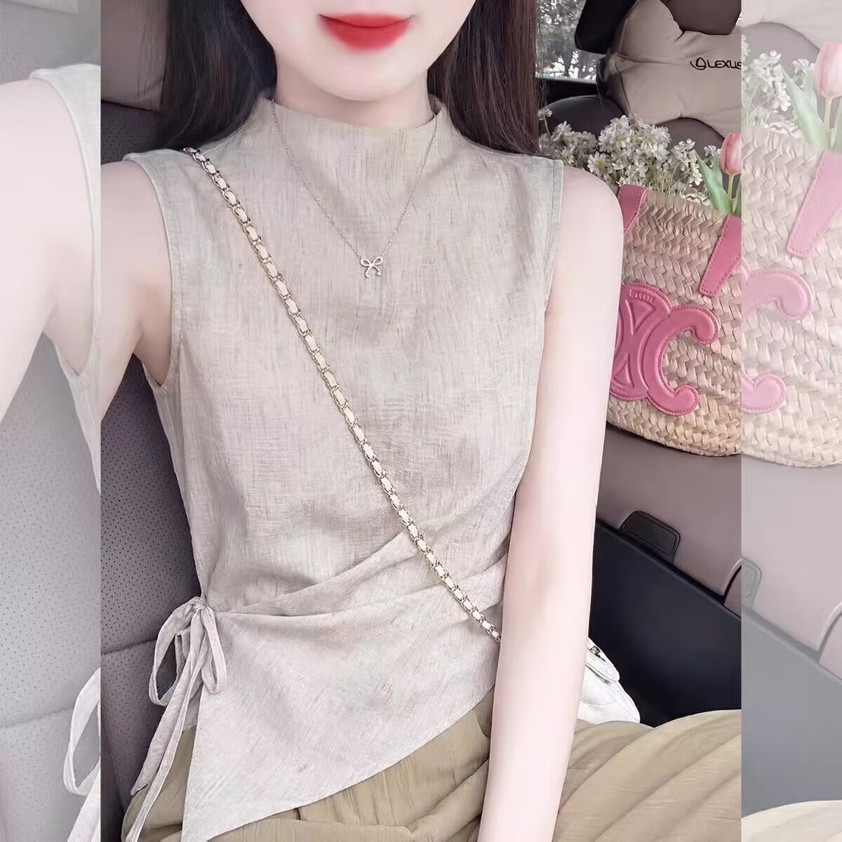 레트로 스탠드 칼라 레이스업 민소매 셔츠 조끼 여성 여름 새로운 허리 수축 슬림해 보이는 맨위 품격 아름다운 작은 셔츠