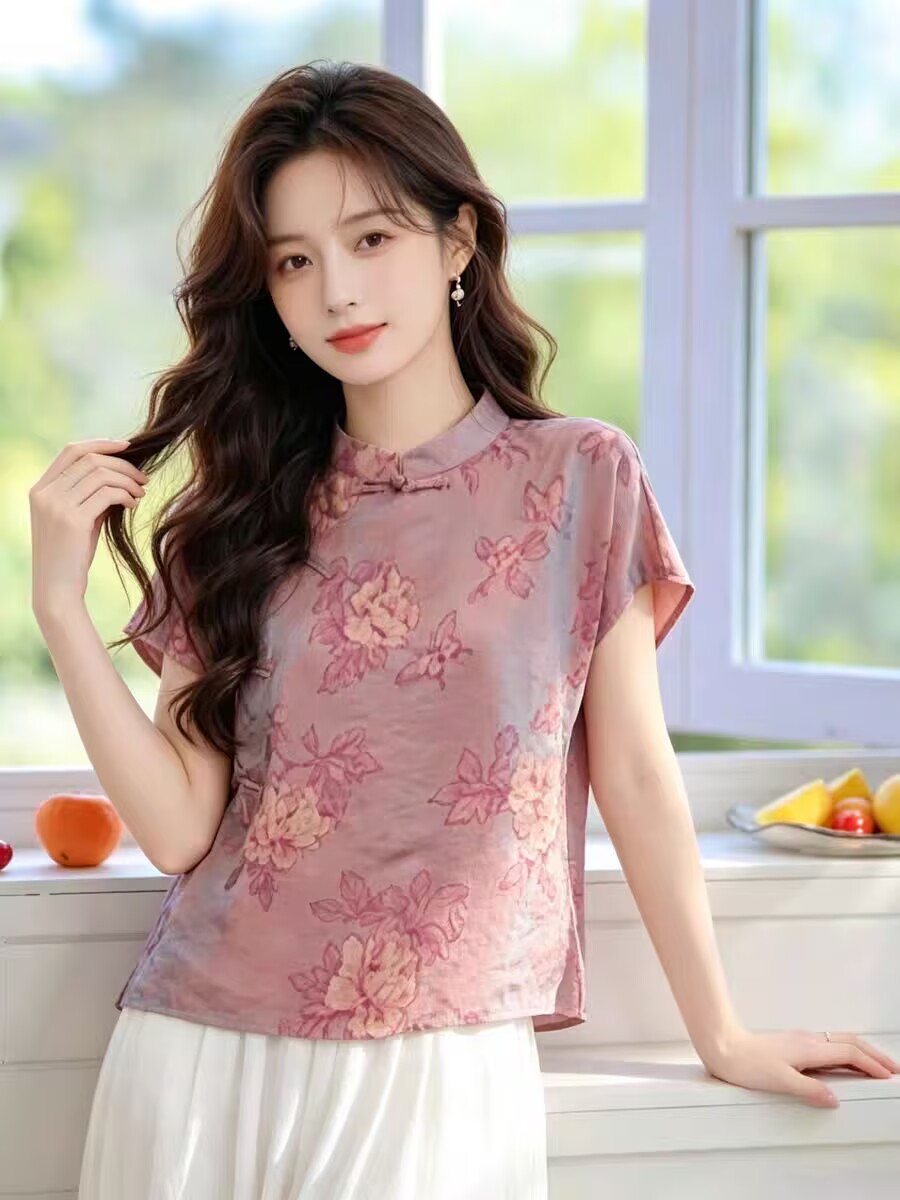 항저우 고급 실크 여성 셔츠 여름 새로운 중식 국풍 단추 품격 다용도 외국 가스 연령 감소 맨위