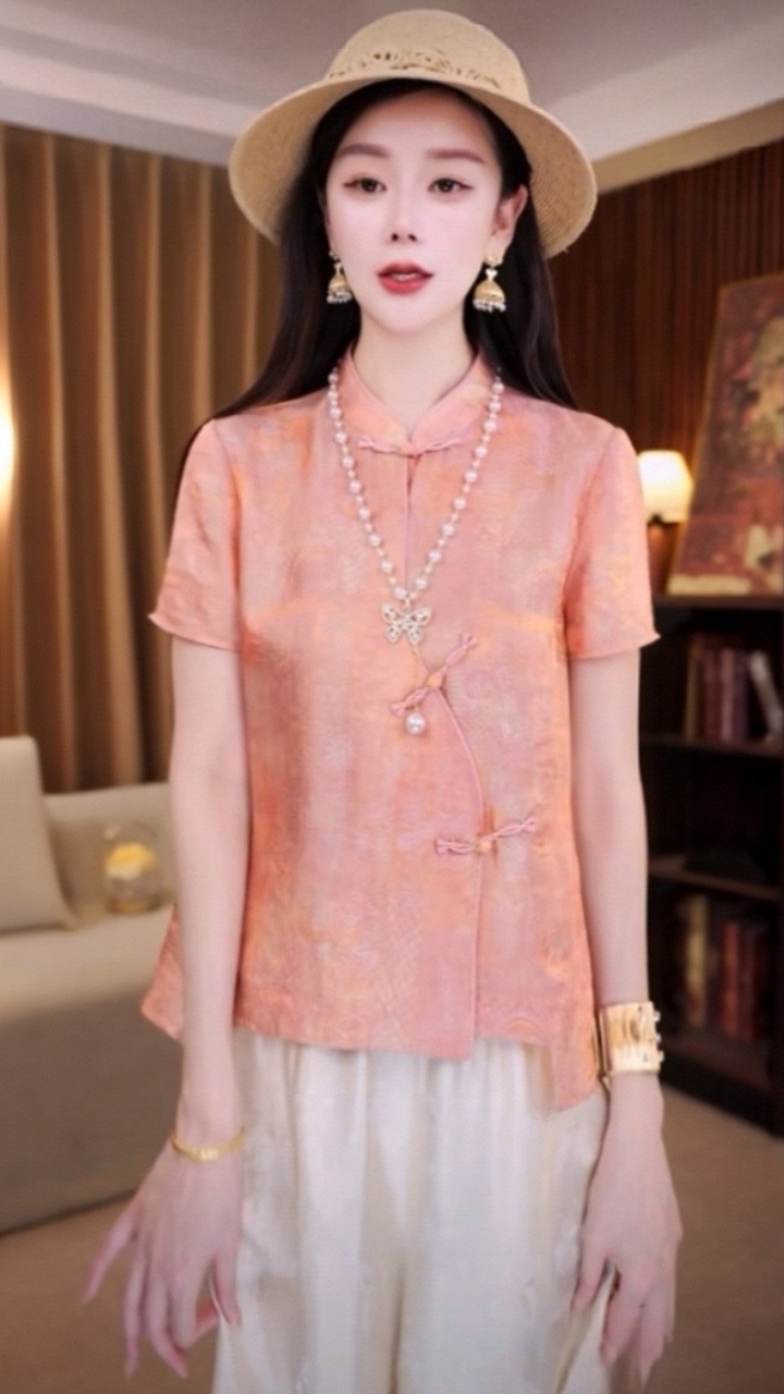 복숭아의 꽃 술에 취한 새로운 중식 국풍 2026 여름 새로운 다용도 품격 셔츠 연령 감소 캐주얼 맨위
