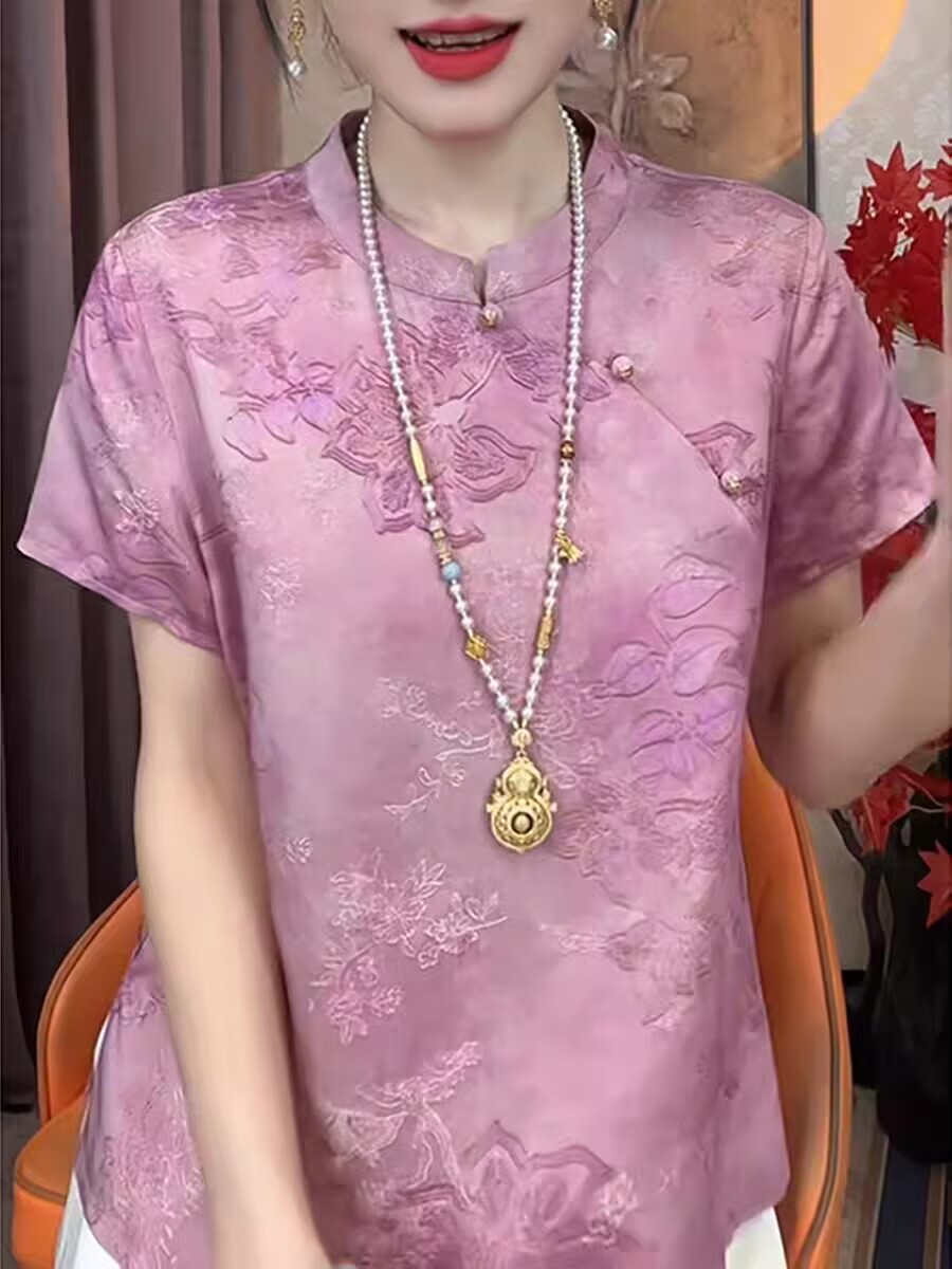 2026 봄 아모이 중식 국풍 비스듬한 襟 단추 반팔 맨위 꽃무늬 프린트 슬림해 보이는 디자인 센스 문예 셔츠