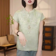 批发新中式国风提花上衣女夏复古立领短袖衬衫<b class='q'>真丝</b>桑蚕丝改良<b class='q'>旗袍</b>小衫