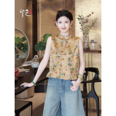 批发【印色】新中式无袖衬衫女夏装立领盘扣碎花气质通勤百搭上衣小衫