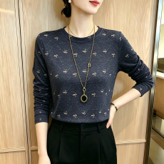 批发复古印花t恤女长袖秋冬2026新款中年妈妈减龄打底衫显瘦内搭<b class='q'>上衣</b>