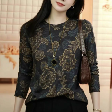 批发复古圆领印花t恤女装秋冬季打底衫新款妈妈<b class='q'>修身</b>显瘦上衣气质小衫