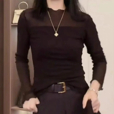 木耳边网纱打底衫女长袖t恤春秋冬新款修身显瘦气质内搭叠穿上衣