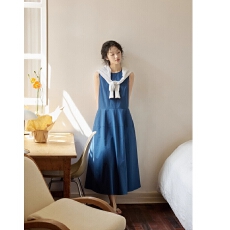 批发山屿牧玛夏季蓝色优雅复古赫本风连衣裙简约圆领显瘦中长款裙子