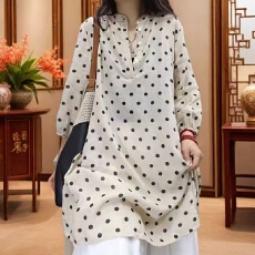 批发文艺复古波点连衣<b class='q'>裙</b>女<b class='q'>棉麻</b>衬衫<b class='q'>裙</b>中长款旅行<b class='q'>裙</b>子