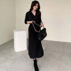 批发<b class='q'>韩国</b>东大门春秋款时尚气质系带纯色<b class='q'>连衣裙</b>长裙子简约单排扣