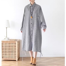 批发秋季设计宽松大码长款条纹<b class='q'>衬衫</b>女装七分袖文艺<b class='q'>衬衫</b>裙潮