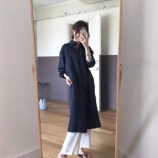 批发韩国东大门衬衫裙女中长款新款春秋宽松百搭棉麻气质<b class='q'>连衣裙</b>女