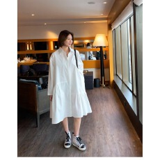 批发设计感不规则连衣裙女中长款春季<b class='q'>新款</b> 韩版宽松显瘦衬衫裙子潮女