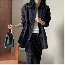 批发韩版春夏外套薄款中长款开衫抽绳收腰衬衫式风衣外套中长款