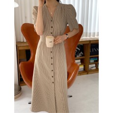 批发韩国chic 法式复古气质<b class='q'>V领</b>单排扣格子连衣裙女两侧有口袋配腰带