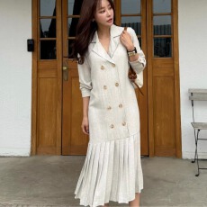 批发法式优雅<b class='q'>百褶</b>西装式长款连衣裙