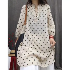 批发文艺复古波点连衣裙女<b class='q'>棉麻</b>衬衫裙中长款旅行裙子