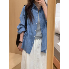 批发韩系蓝色格子长袖防晒衬衫外套女夏季新款宽松百搭慵懒风外搭上衣