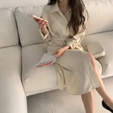 批发韩国<b class='q'>秋季</b>新品气质收腰显瘦衬衫式<b class='q'>连衣裙</b>风衣配腰带两侧有口袋