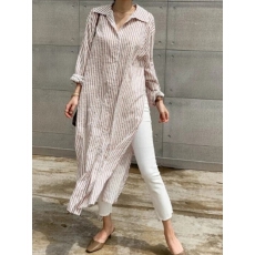 批发新款条纹翻领<b class='q'>衬衫</b>女过膝宽松开叉外套气质显瘦上衣中长款