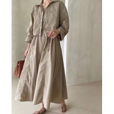 批发早秋韩版纯色简约裙子长裙外套两件套中长款长袖连衣裙女