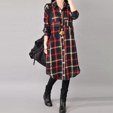 批发春装韩版棉麻衬衣裙大码女装<b class='q'>长袖</b>格子衬衫女中长款宽松裙子