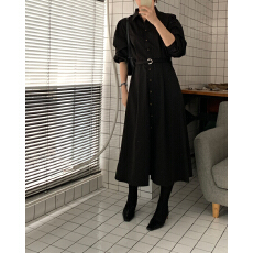 批发韩国chic 复古气质斗篷拼接式系带泡泡袖收腰连衣裙