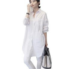 批发纯棉春夏<b class='q'>中长款</b>衬衫裙宽松休闲打底白衬衫女学生外套
