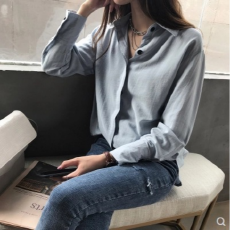 批发春秋新款港味chic纯色衬衫女宽松显瘦气质长袖衬衣打底上衣潮