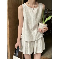 批发简约夏季新款后系扣吊带背心麻料套<b class='q'>装</b>