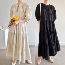 批发韩国chic 法式圆领<b class='q'>泡泡袖</b>蛋糕裙宽松单排扣长款短袖<b class='q'>连衣裙</b>女