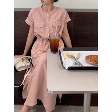 批发chic 韩版收腰抽绳侧开叉连衣裙