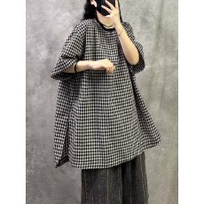 批发夏季新款格子棉麻上衣女高端亚麻T恤衬衫宽松大码高级感