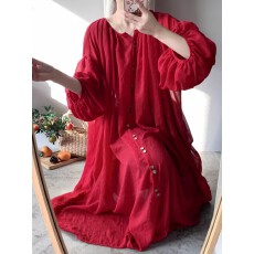 批发春夏旅行民族风红色灯笼袖棉麻长开衫防晒衬衫宽松<b class='q'>大码</b>连衣裙