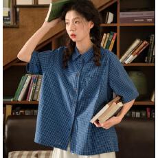 批发复古蓝色格子<b class='q'>衬衫</b>女夏季薄款休闲上衣翻领纯棉<b class='q'>衬衣</b>