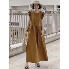 批发韩版<b class='q'>宽松</b>显瘦花瓣袖无袖<b class='q'>连衣裙</b>女长款休闲过膝气长裙有口袋配腰带