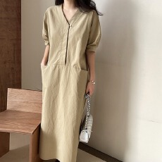 批发韩版chic 设计感抽绳泡泡袖长款连衣裙 女两侧有口袋