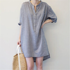 批发棉麻<b class='q'>条纹</b>衬衫连衣裙BF风中长款五分袖前短后长不规则衬衣裙