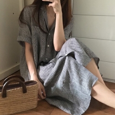 批发韩国chic风翻领条纹宽松<b class='q'>中长款</b>短袖衬衫连衣裙女