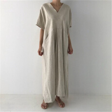 批发日韩夏季新街宽松慵懒大口袋 复古麻感V领<b class='q'>连衣裙</b>女