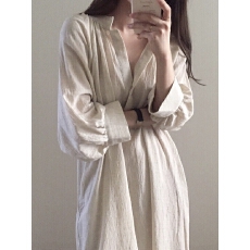 批发春装新款宽松韩版长袖超长款过膝棉麻衬衣裙