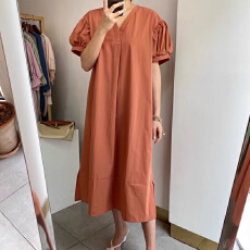 批发韩国ins夏季V领宽松中长款休闲显瘦短袖连衣裙女两侧有口袋