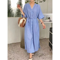 批发韩国设计感小众新款 简亚麻蓝条纹V领系带连衣裙有侧有口袋