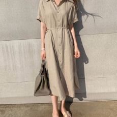 批发韩版系带收腰<b class='q'>亚麻</b>衬衫裙女夏长款简约宽松显瘦polo领短袖连衣裙