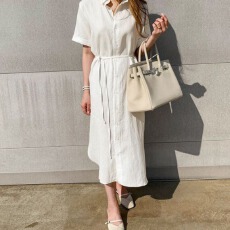 批发韩版系带收腰亚麻衬衫裙女<b class='q'>夏</b>长款简约宽松显瘦polo领短袖<b class='q'>连衣裙</b>