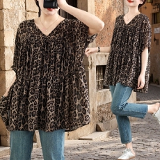 批发复古时尚胖MM夏季新款豹纹收腰V领<b class='q'>韩版</b>减龄<b class='q'>娃娃衫</b>