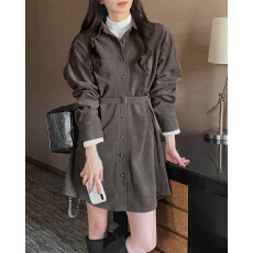 批发韩国chic 法式冬季系带收腰显瘦连衣裙女配腰带