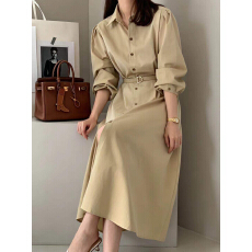 批发淑女气质 <b class='q'>韩国</b>时尚长袖收腰系带风衣式衬衫连衣<b class='q'>长裙</b>韩版连衣裙