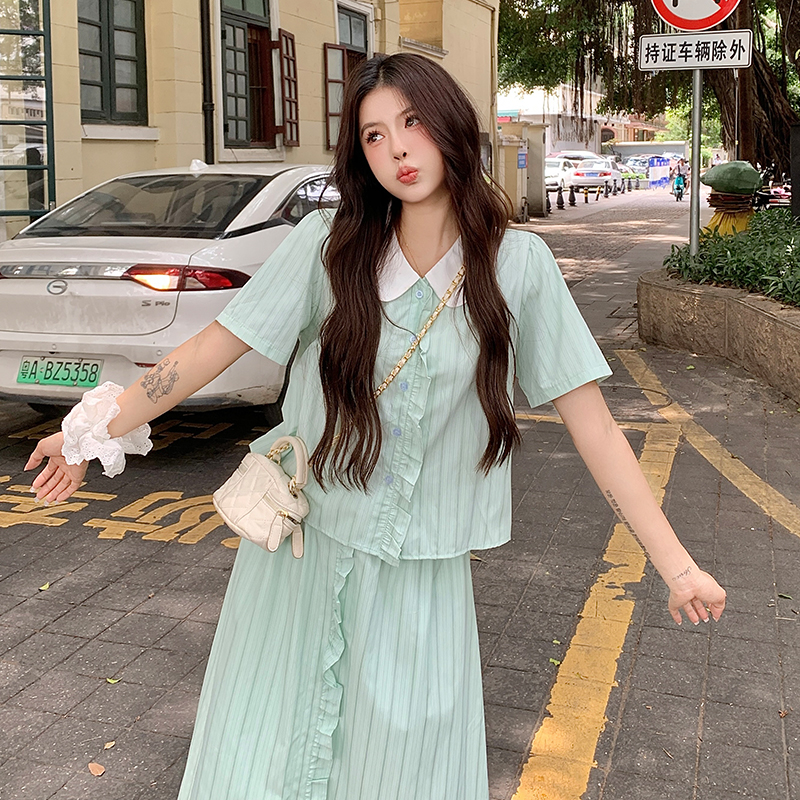 FA33333# 大码胖妹妹韩系清新蓝条纹衬衫套装高腰半身裙 服裝批發女裝批發服飾貨源