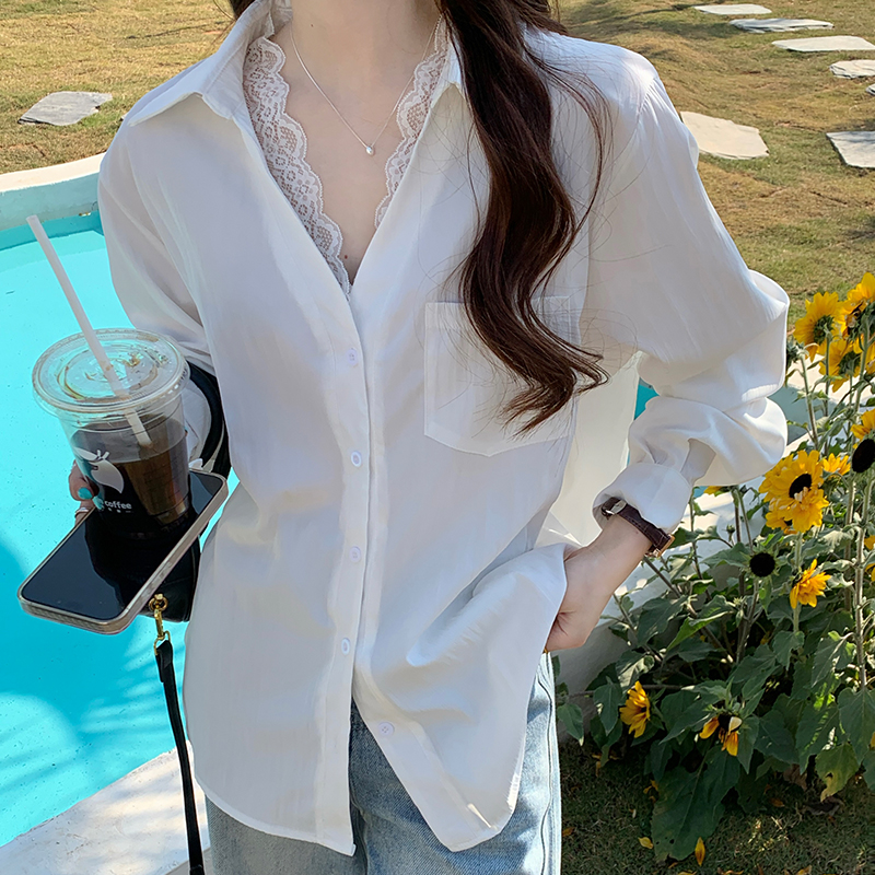 빅 사이즈 여성 의류 셔츠 긴팔 레이스 조각 빅 사이즈 셔츠